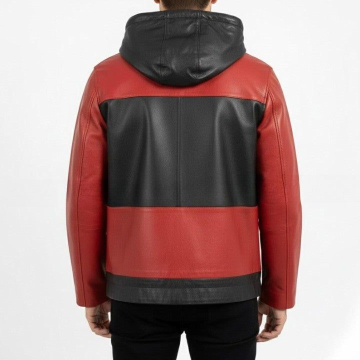 Mens Black and Red Genuine Leather Hooded Jacket  Zip Front Coat