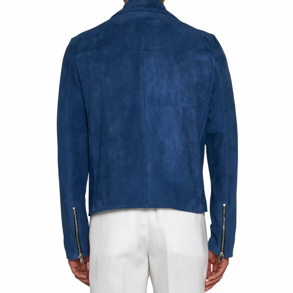 Mens Blue Suede Biker Leather Jacket