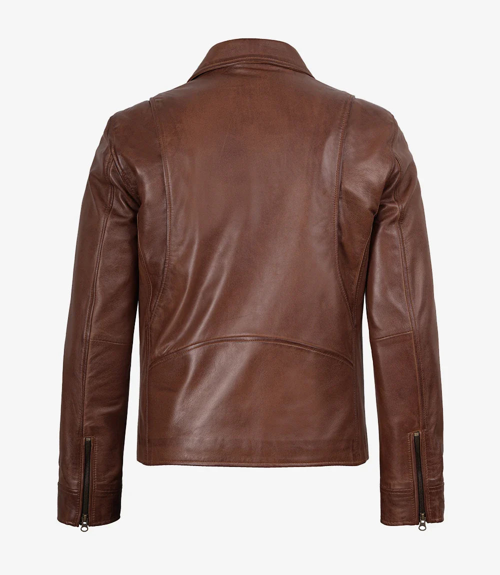 Men's Cognac Brown Leather Shirt Collar Jacket