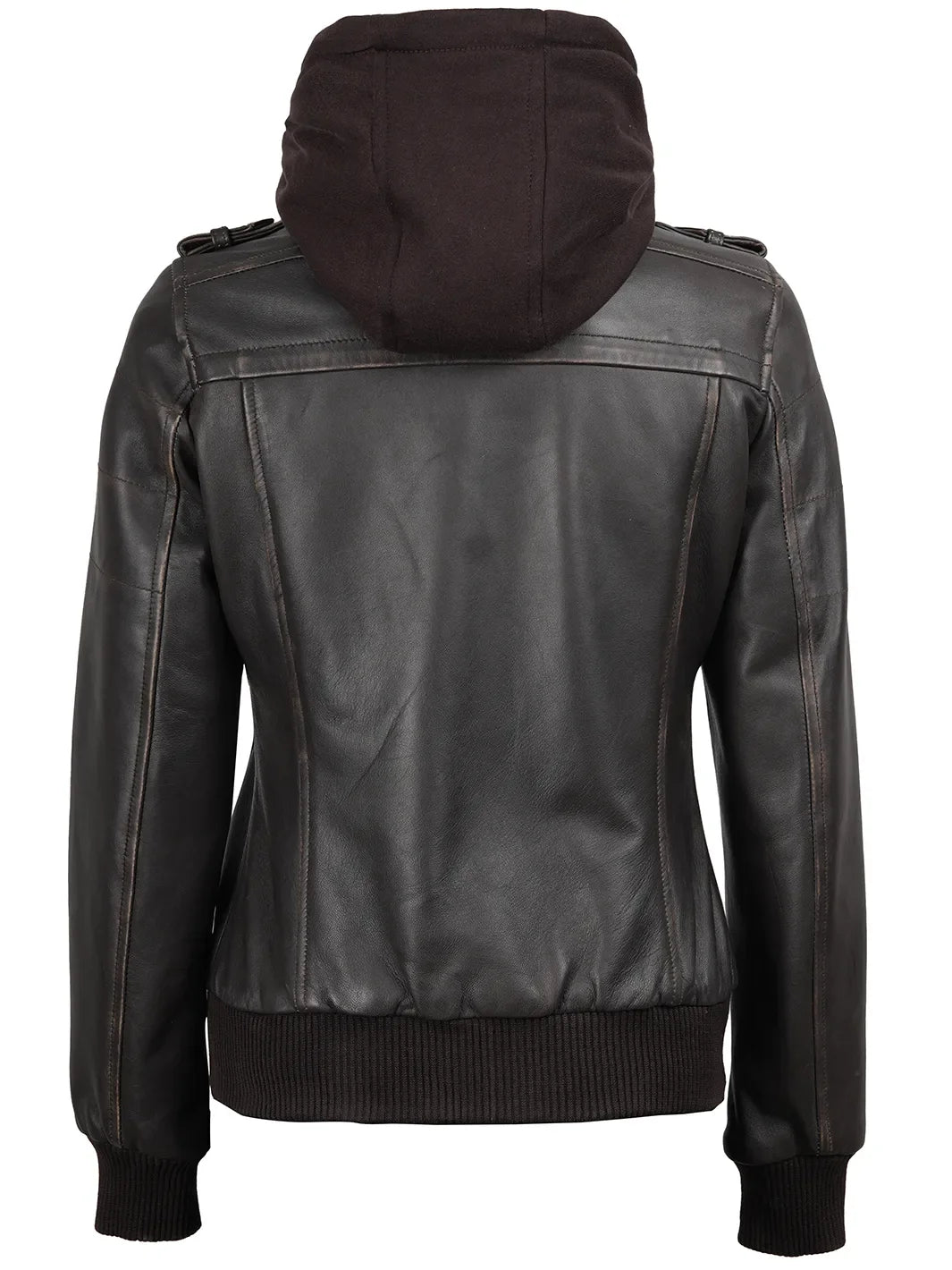 Women's Dark Brown Rub Off Leather Jacket with Removable Hood