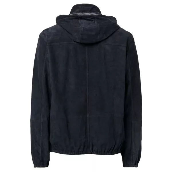 Mens Navy Blue Suede Leather Jacket With Hood