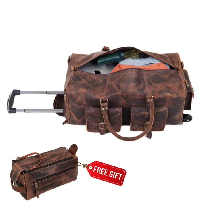 Wheely Leather Duffel Bag With Wheels and Free Leather Toiletry Bag