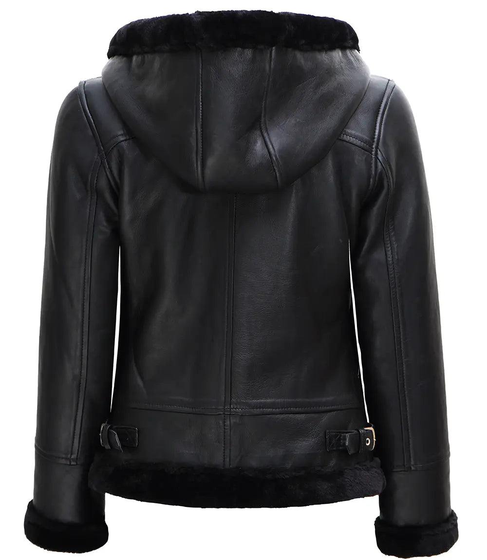 Womens Black Leather Hooded Shearling Jacket