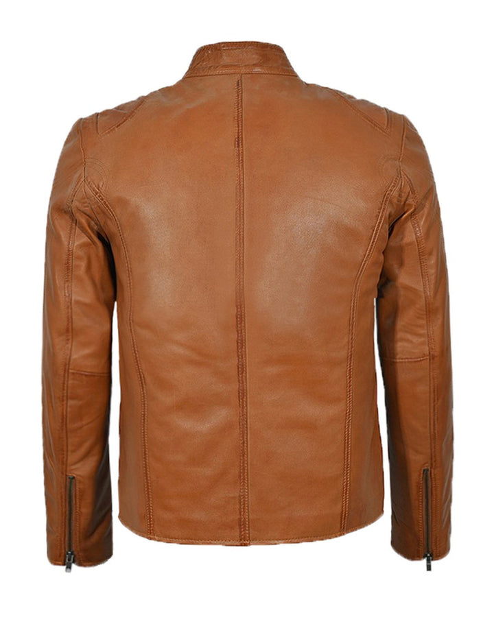 Distressed Tan Leather Motorcycle Jacket For Men