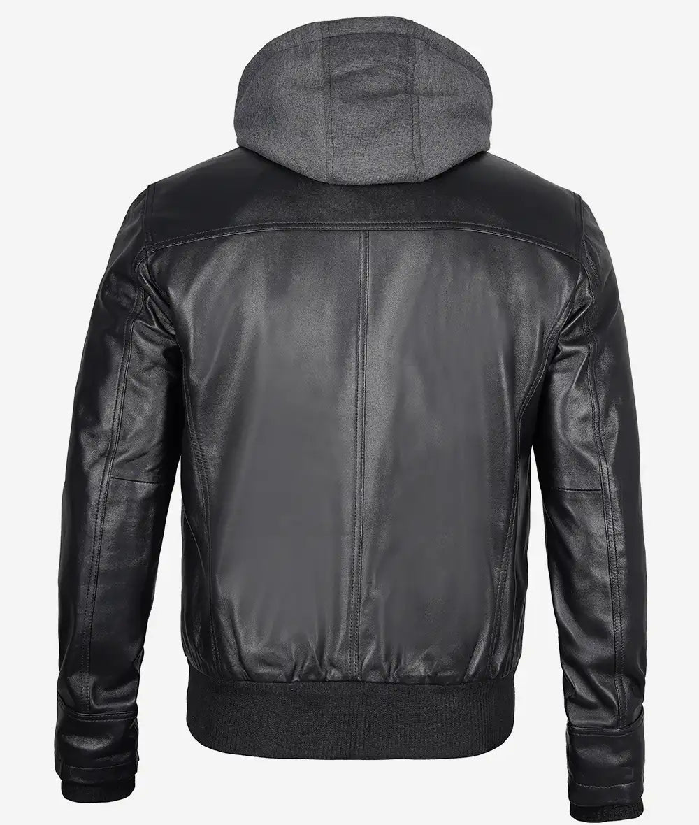 Mens Black Bomber Leather Jacket with Removable Hood