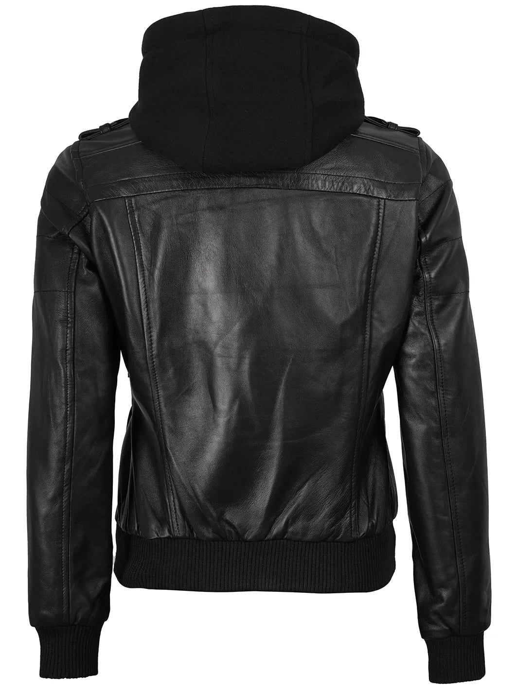 Edinburgh Women's Bomber Black Leather Jacket with Removable Hood