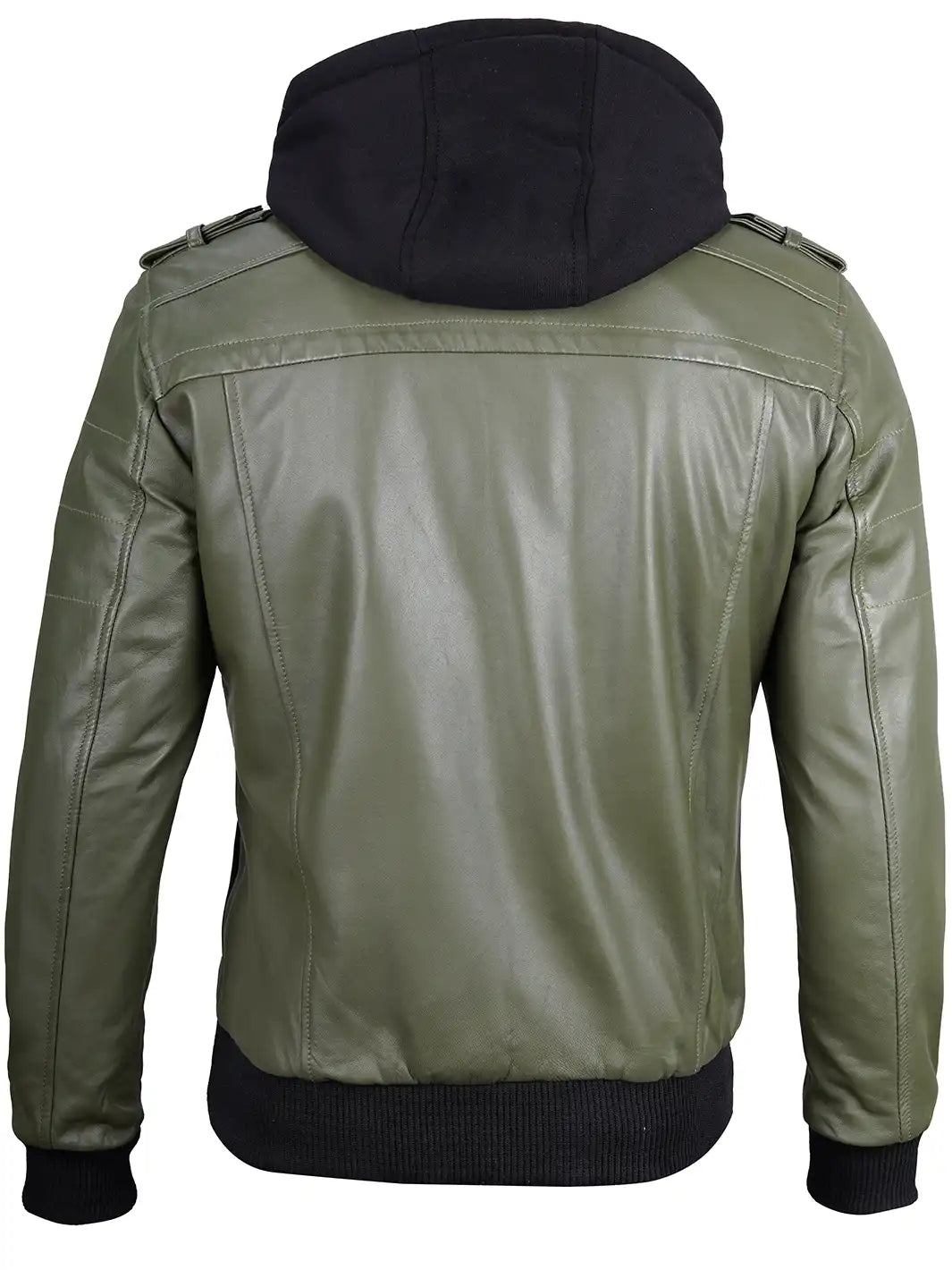 Men's Military Green Leather Jacket with Removable Hood