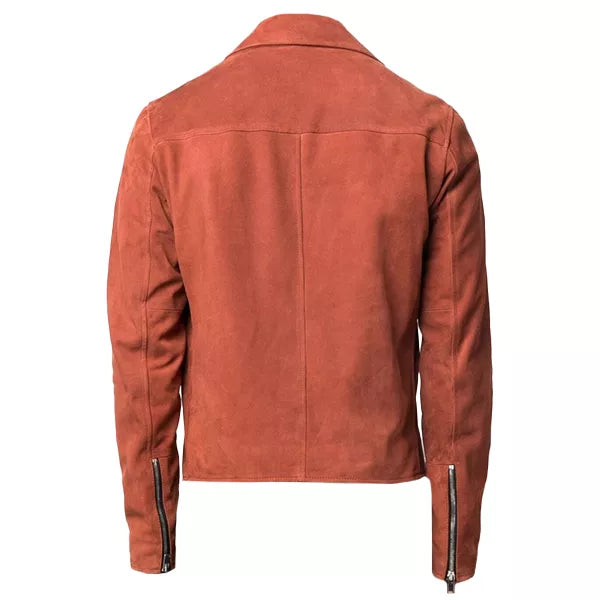 Mens Orange Suede Moto Asymmetrical Collar Jacket
