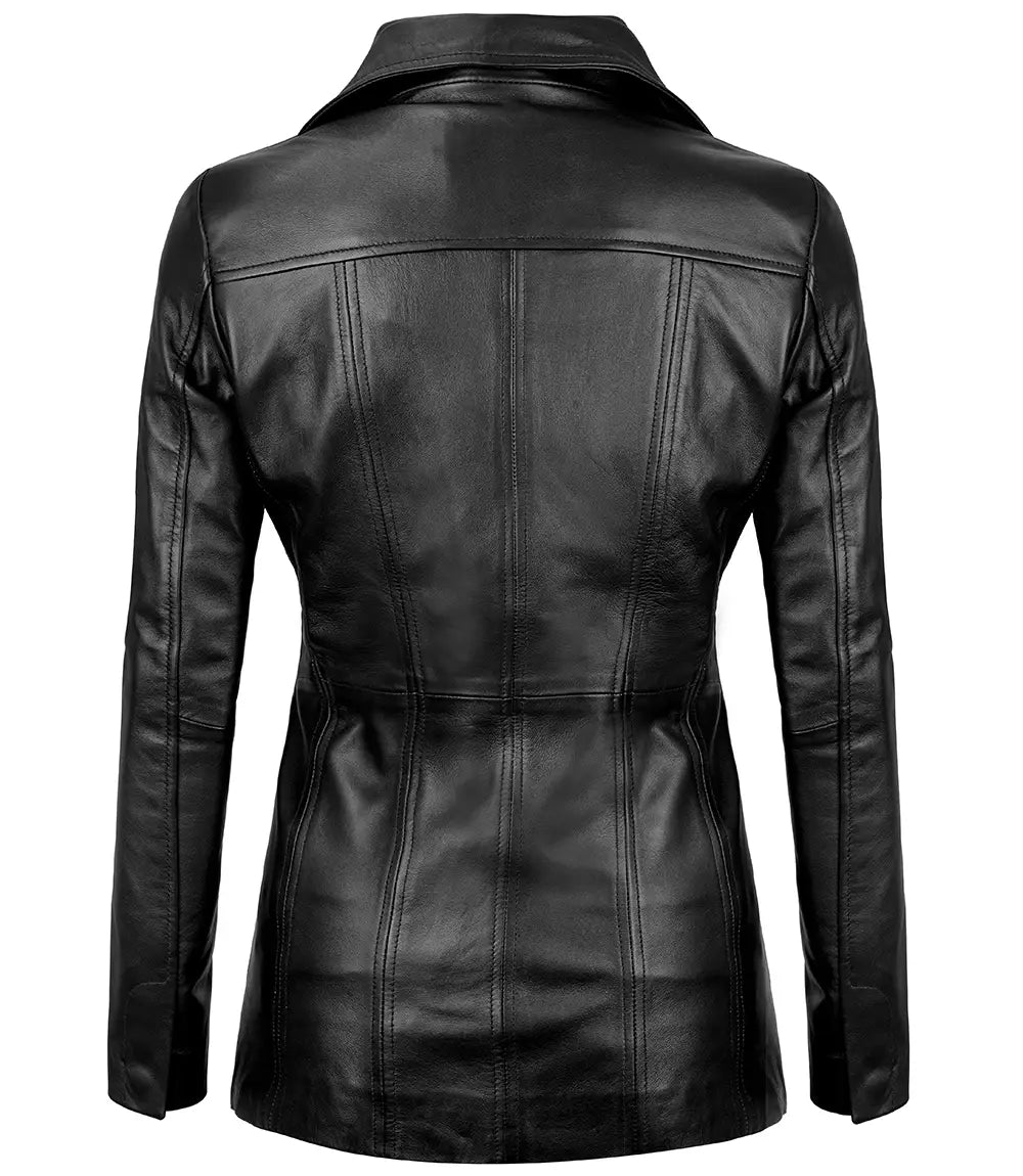 Womens Black Leather Blazer with Three Button
