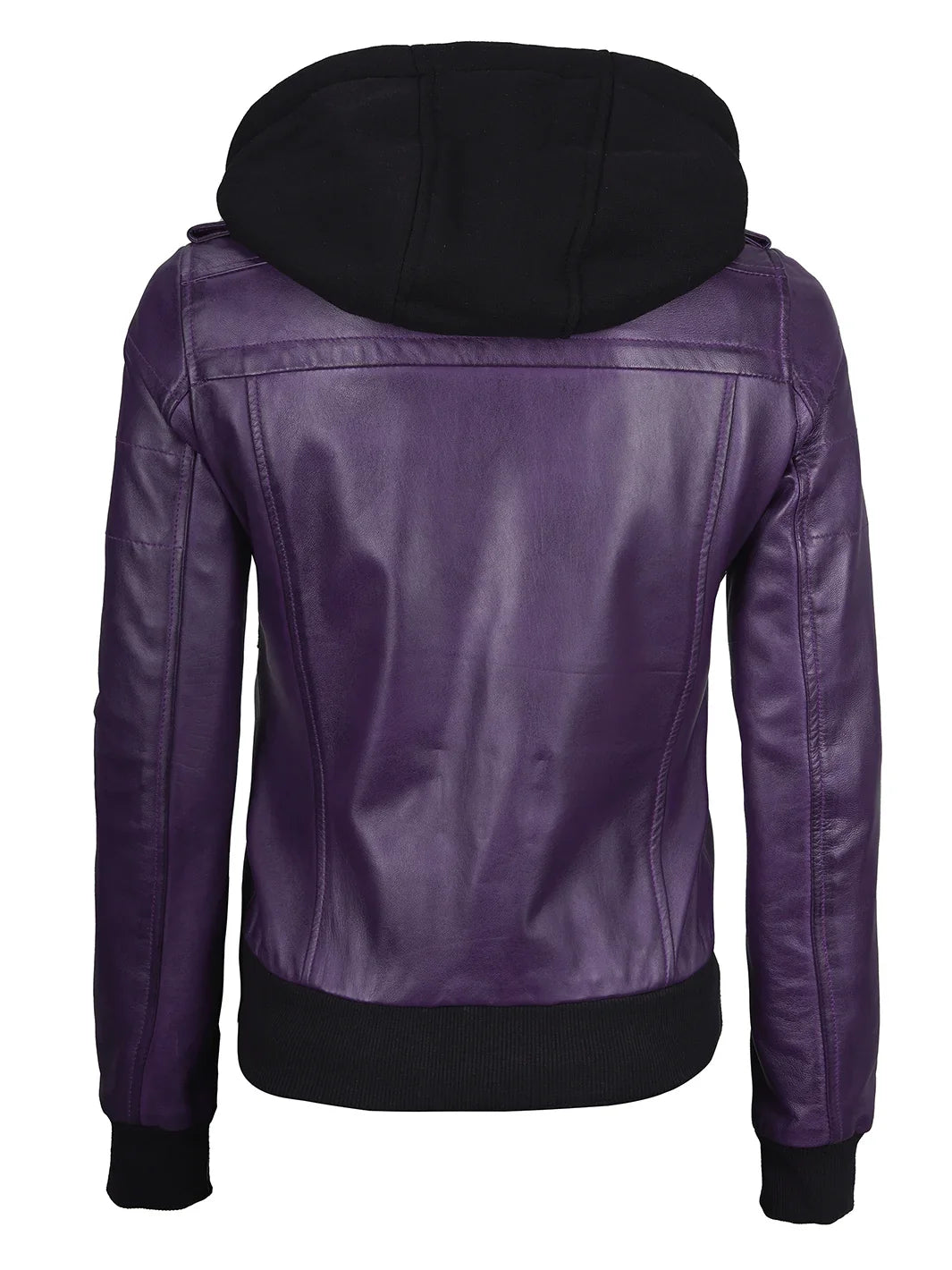 Women's Purple Real Leather Jacket with Removable Hood