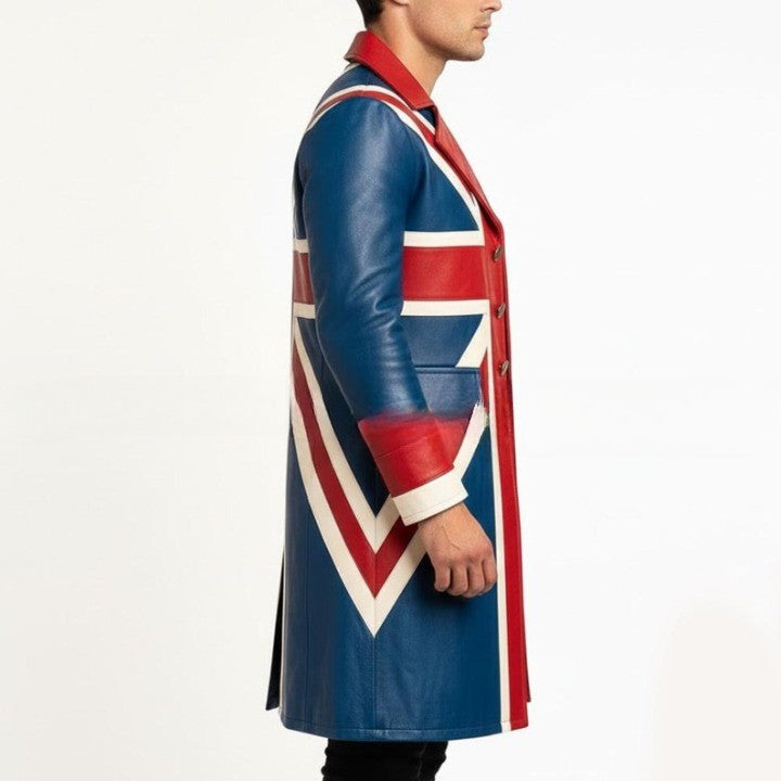 Genuine Leather Long Color Block UK Flag Coat with Geometric Panel Design