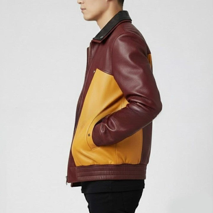 Mens Two Tone Leather Jacket  Burgundy  Mustard Zip Up Casual Retro Style Coat