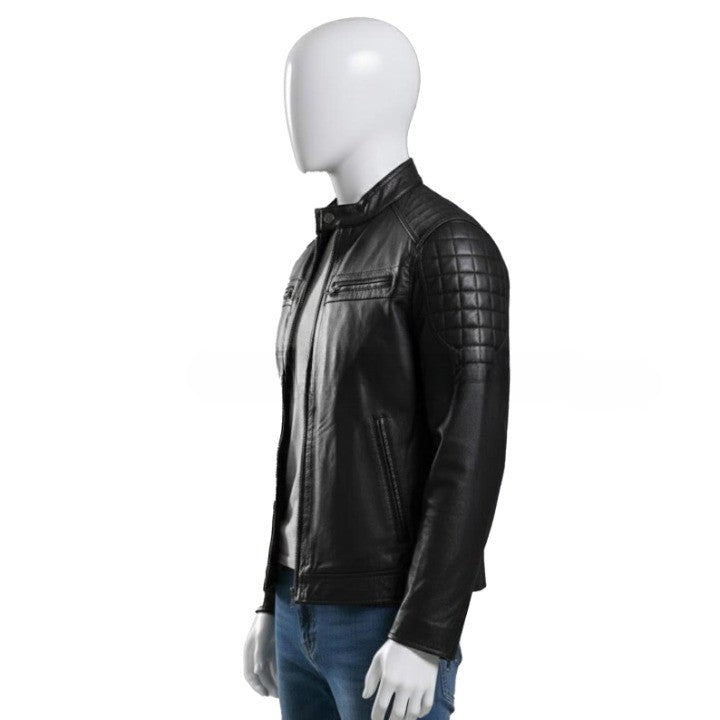 Genuine Leather Black Zipper Jacket with Quilted Shoulder Texture