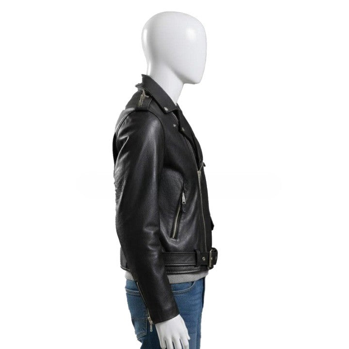 Genuine Leather Black Biker Jacket with Studded Shoulder Details