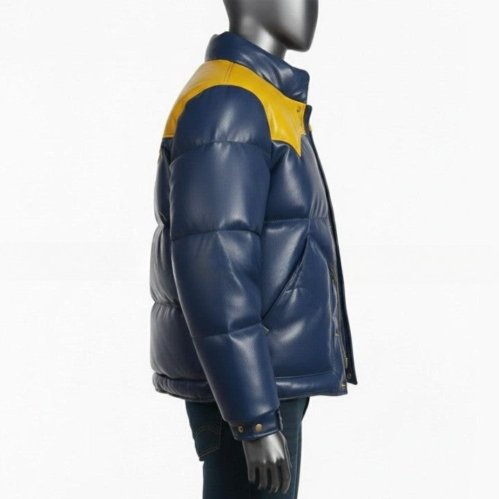 Blue Puffer Jacket with Yellow Shoulder Panels for Men  Genuine Leather Puffer Coat