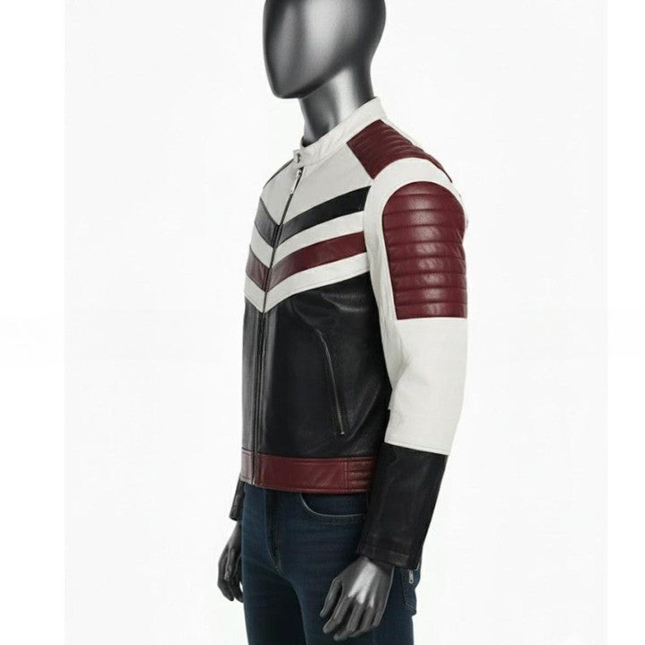 Mens Genuine Leather Racing Jacket  Contrast Panel Fashion Coat