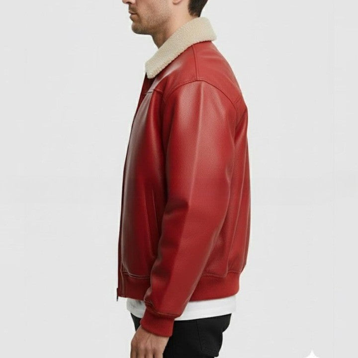 Mens Red Genuine Leather Bomber Jacket Shearling Collar Aviator Style