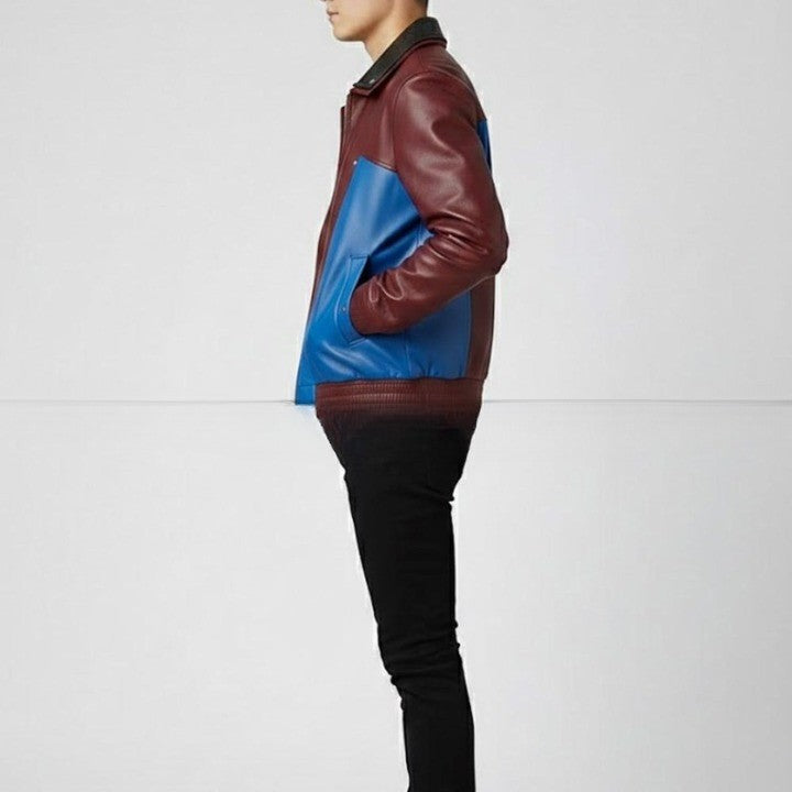 Mens Burgundy and Blue Leather Jacket Color Block Genuine Leather Bomber Jacket Modern Zip Front Moto Jacket Stylish Streetwear Gift -