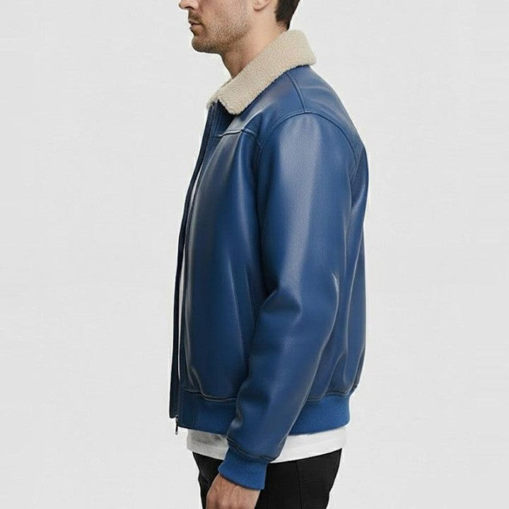 Mens Blue Leather Jacket with Warm Collar and Modern Fit