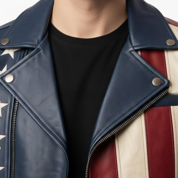 American Style USA Flag Asymmetrical Color Panel Biker Style Genuine Leather Jacket for Men