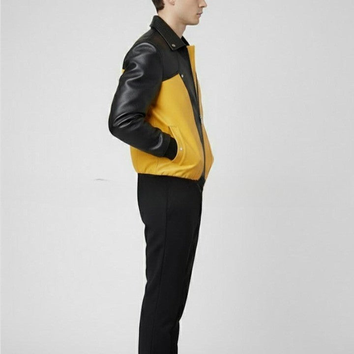 Mens Yellow and Black Leather Jacket Color Block Genuine Leather Bomber Modern Zip Up Moto Jacket Stylish Streetwear Outerwear Gift