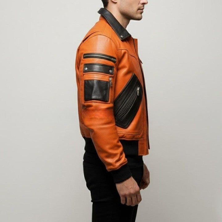 Original Leather Orange Zipper Jacket with Black Contrast Pocket And Collar Details