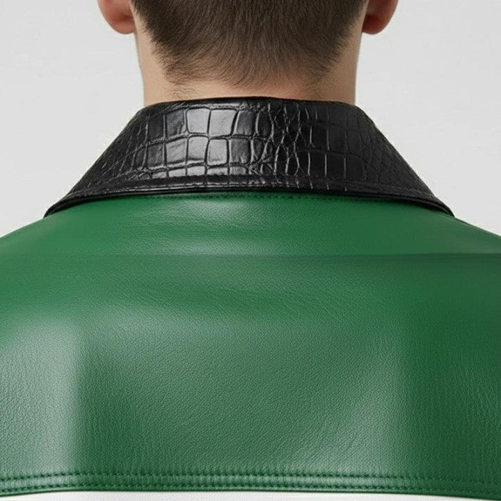 Mens Green and White Leather Jacket Color Block Genuine Leather Bomber Jacket Modern Zip Up Casual Moto Jacket Trendy Street Style Coat