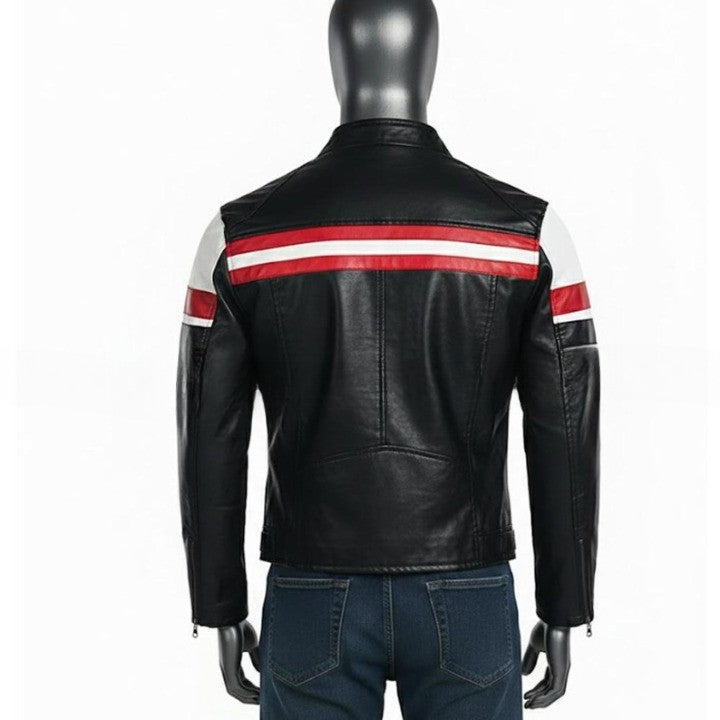 Mens Brown Leather Jacket with Cream Panel Design  Modern Zip Front Casual Jacket