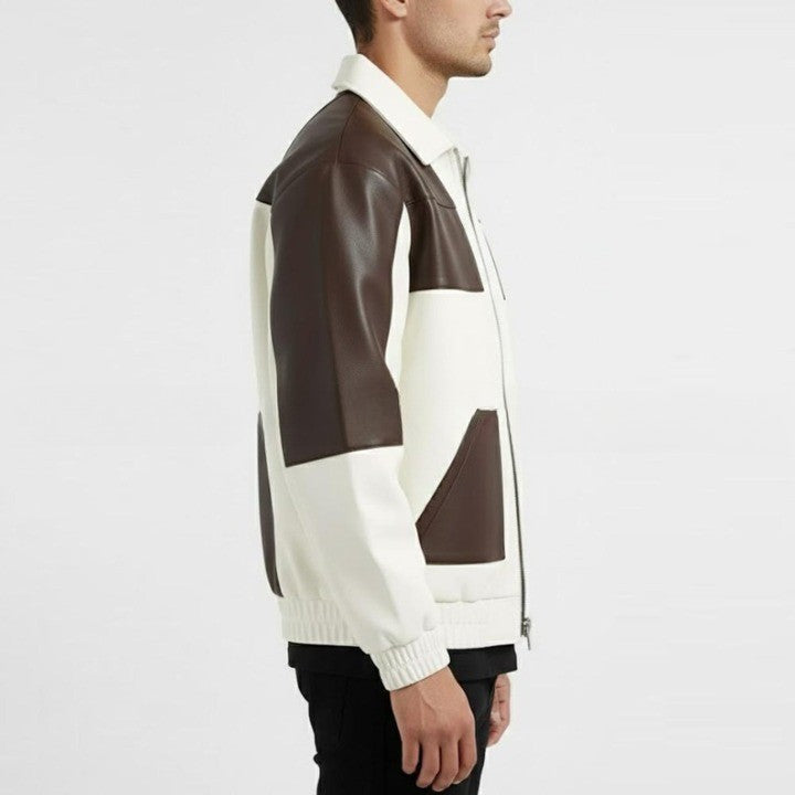Two Tone Genuine Leather Jacket  Cream  Brown Zip Front