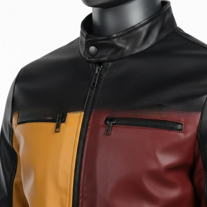Mens Color Block Genuine Leather Jacket  Maroon  Mustard Panel Design