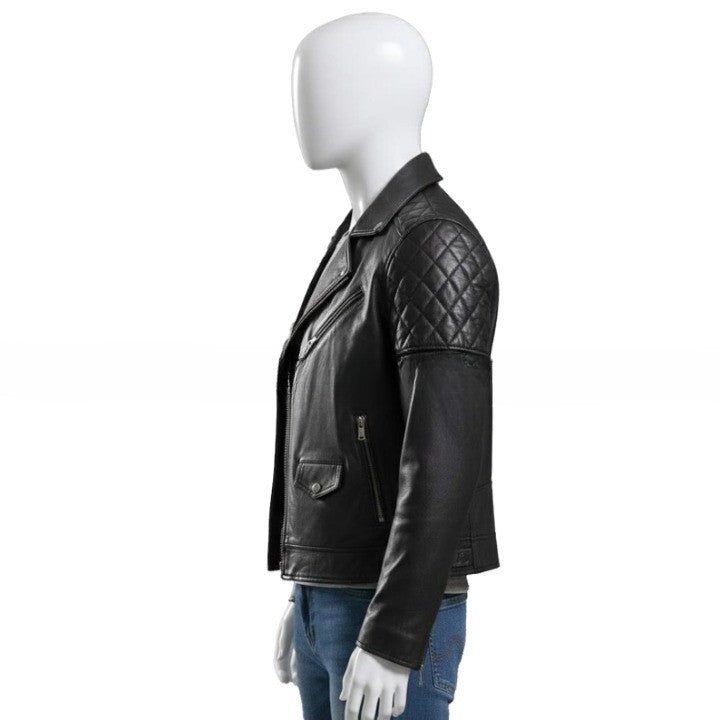 Original Leather Classic Black Moto Jacket with Quilted Shoulder Panels