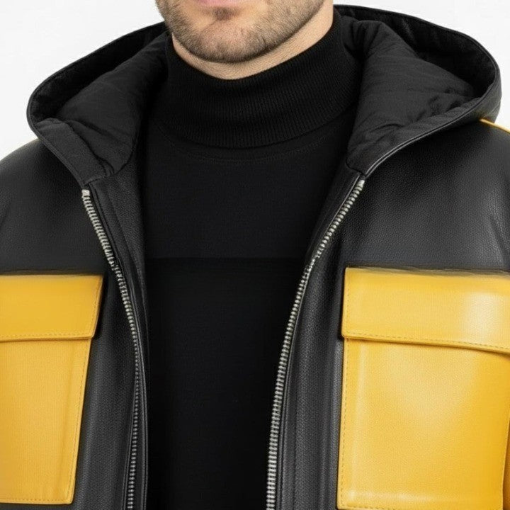 Mens Black and Yellow Leather Hooded Jacket with Front Pockets  Casual Zip Front Jackets