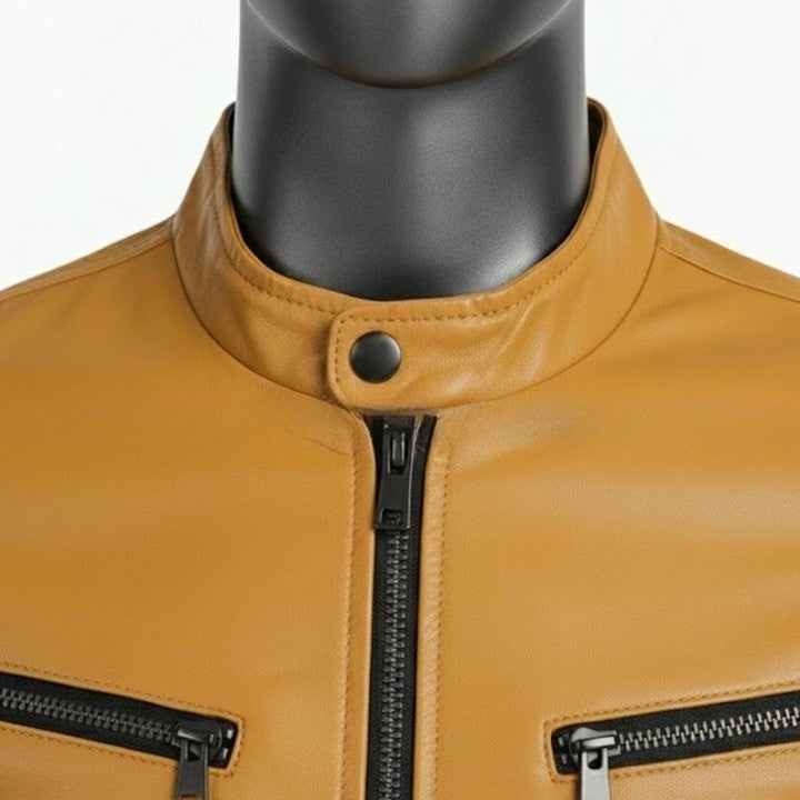 Mens Tan Genuine Leather Jacket  High Neck Front Pockets