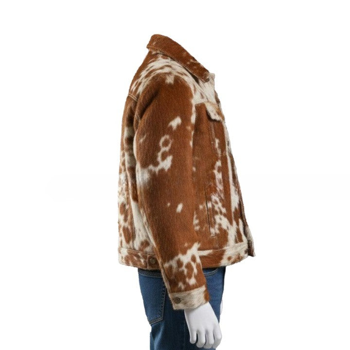 Mens Hair On Cowhide Trucker Jacket  Rust Brown  Ivory Western Outerwear