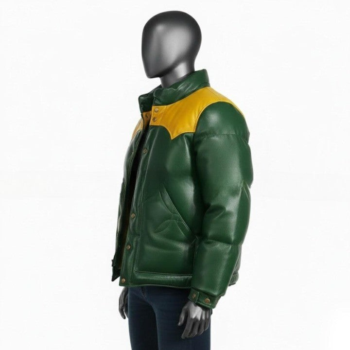 Mens Green Leather Puffer Jacket  Yellow Yoke Winter Coat