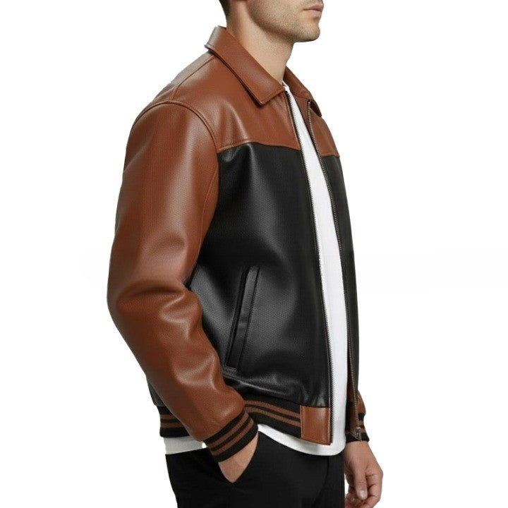 Men’s Brown & Black Leather Bomber Jacket – Classic Contrast Zip-Up Style