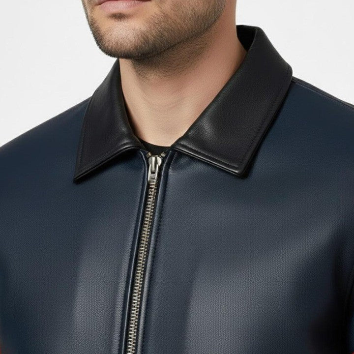 USA Text Navy Color Genuine Leather Jacket with Contrast Arm Stripe Detail