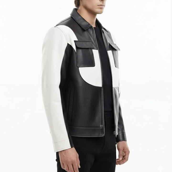 Mens Black  White Genuine Leather Jacket  Modern Zip Front
