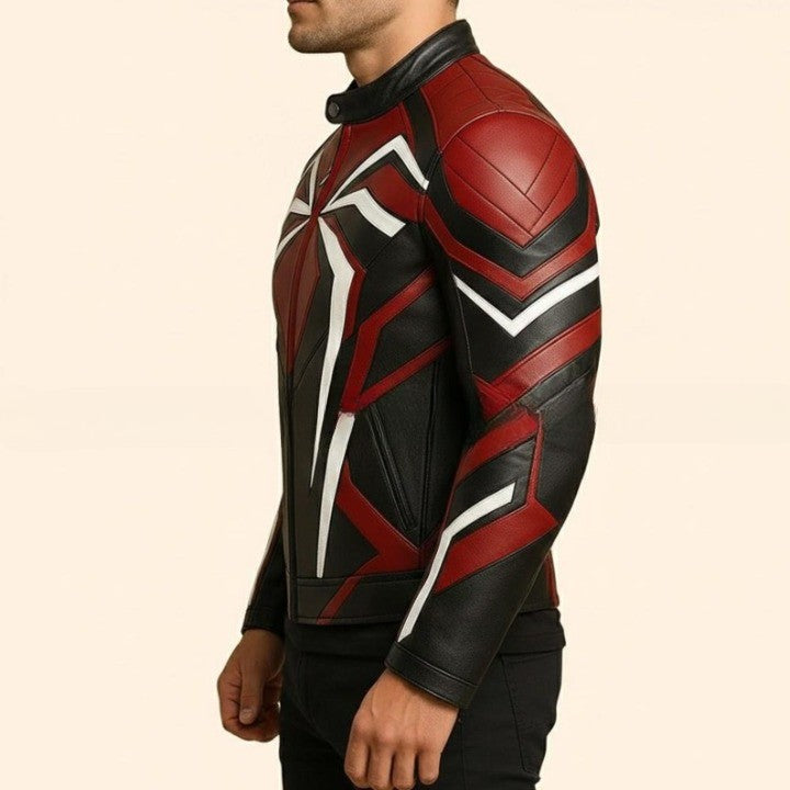 Black and Red Original Leather Jacket with Angular Geometric Line Design