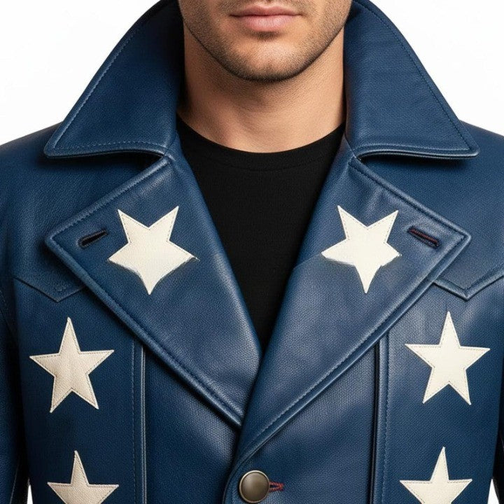 Genuine Leather American USA Flag Long Blue Statement Coat With Star and Stripe Pattern