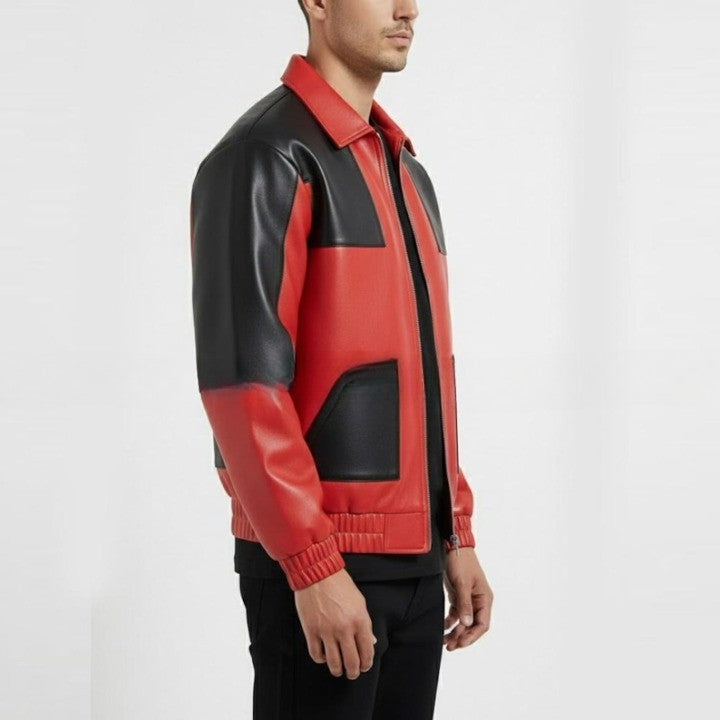Red and Black Color Block Leather Jacket for Men  Urban Streetwear Zip Jacket