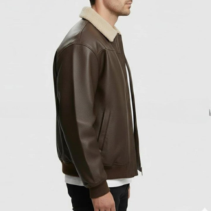 Mens Brown Genuine Leather Bomber Jacket  Sherpa Collar Aviator Style