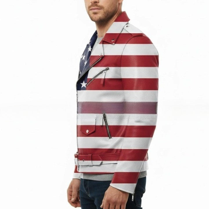 Genuine Leather Biker Style Jacket with Star and Horizontal Stripe Panel Design