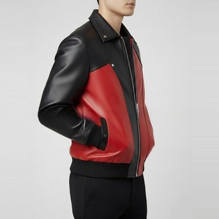 Mens Red and Black Leather Bomber Jacket Genuine Leather Zip Up Jacket Modern Two Tone Moto Style Coat Streetwear Biker Jacket Gift