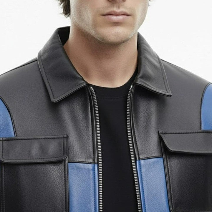 Mens Black  Blue Genuine Leather Jacket  Modern Zip Front