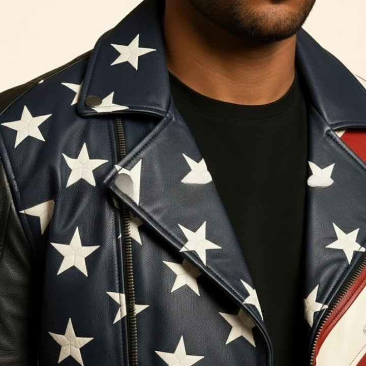 American Flag Genuine Leather Jacket Black Biker USA Jacket with Star And Stripe Panels