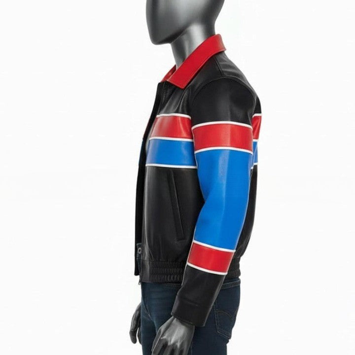 Black Jacket with Red and Blue Panel Design For Men  Genuine Leather Puffer Coat