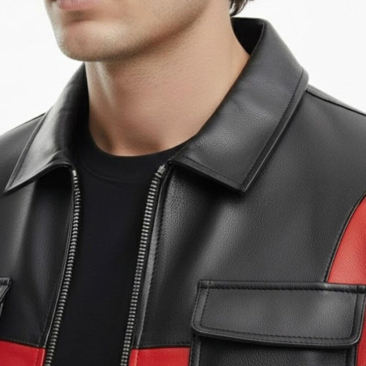 Mens Black and Red Genuine Leather Jacket Modern Zip Front