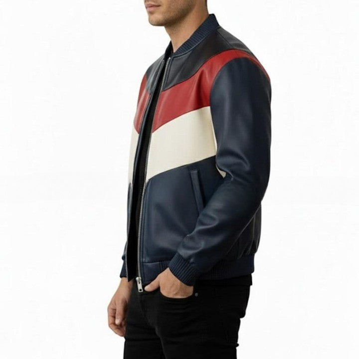 Mens Genuine Leather Bomber Jacket  Navy Red  Cream Panel Design