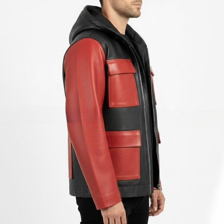 Mens Black and Red Genuine Leather Hooded Jacket  Zip Front Coat